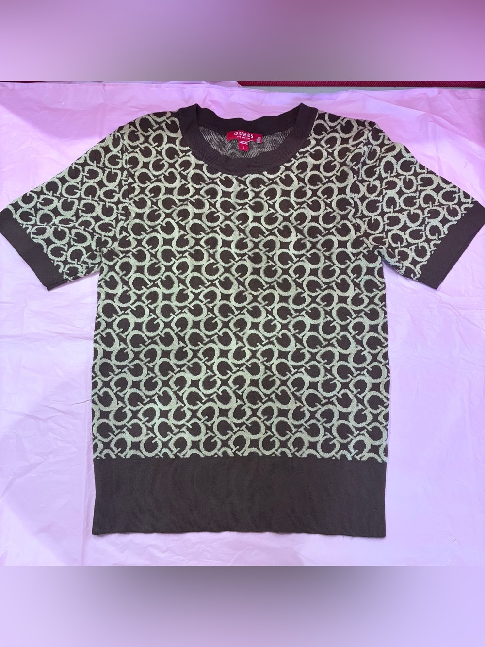 GUESS Women’s Logo Knit T-Shirt Brown Crew Neck Short Sleeve Preppy NWOT Sz L